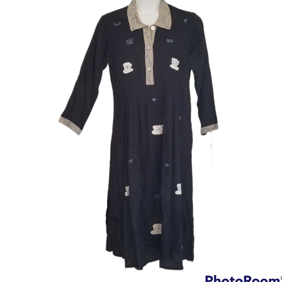 PAPY BOEZ Dress M/L Peasant Prairie Floral Teacups Embroidered Navy Blue - Picture 9 of 10